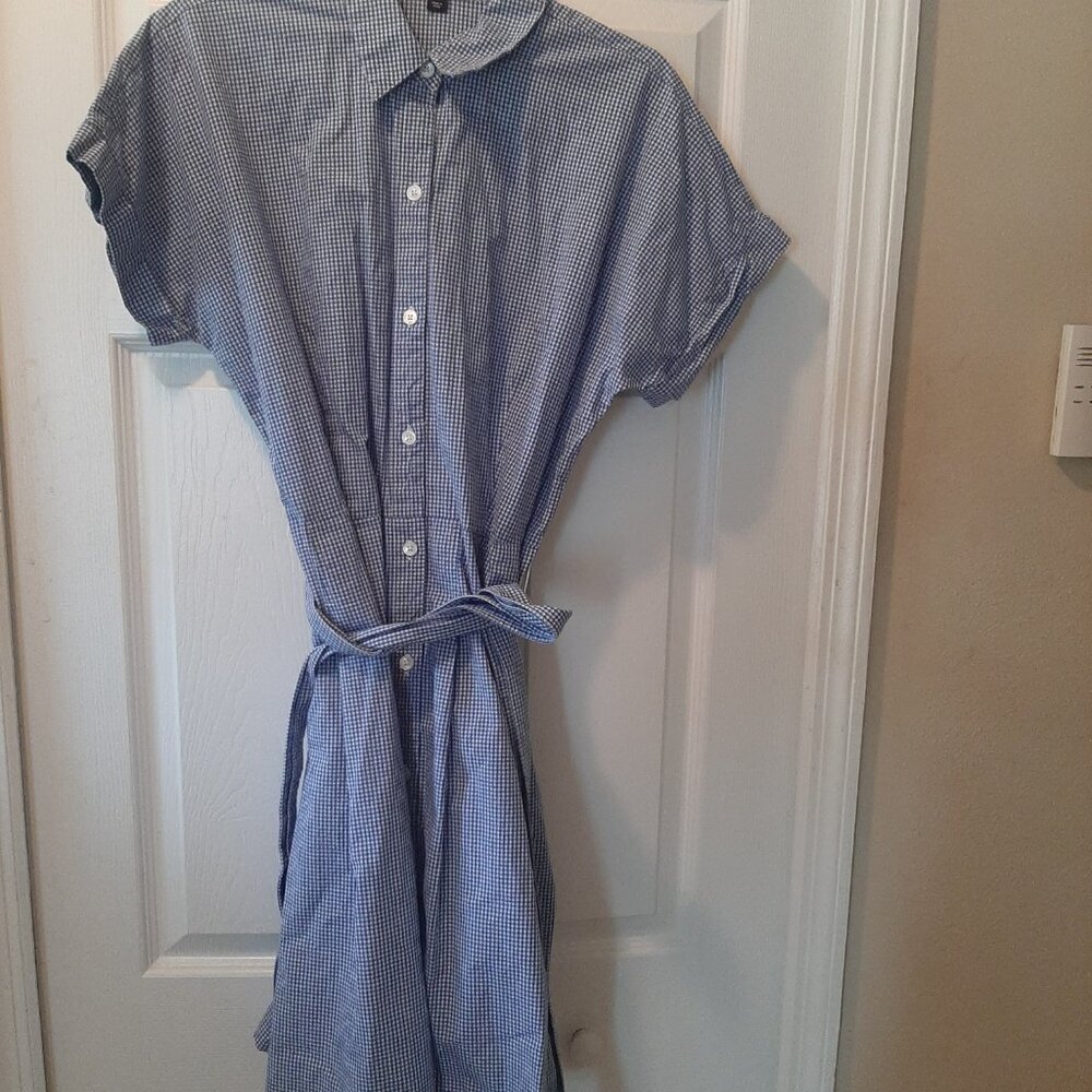 Lands’ End Blue & White Chambray Button Front Belted Shirt Dress Women’s size 14